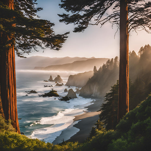 AI generated image of Sonoma Coast with Redwood trees
