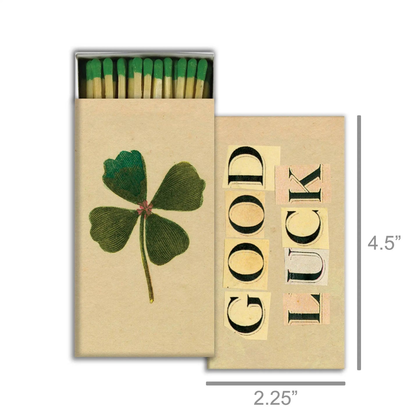 Matchbox with four-leaf clover design and 'Good Luck' text on a white background