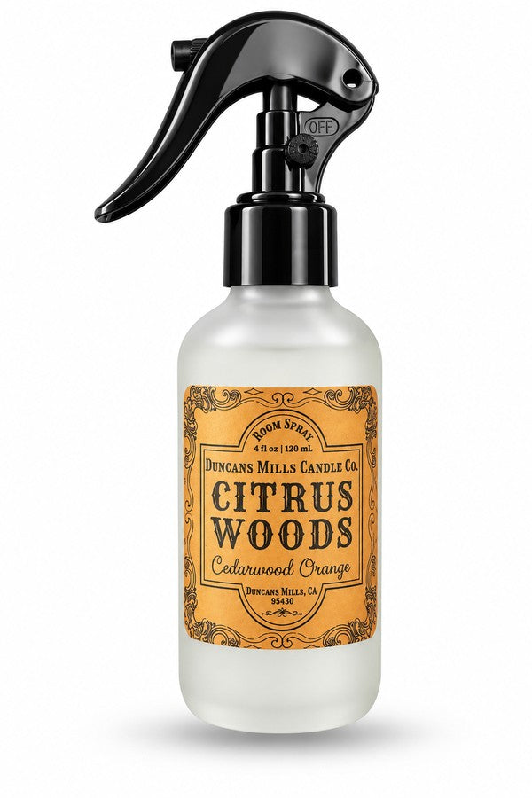 Citrus Woods linen and room spray with cedarwood and orange notes by Duncans Mills Candle Co.