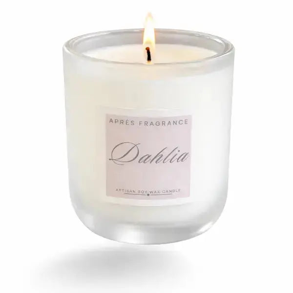 Dahlia candle in glass jar with floral fragrance by Après Fragrance