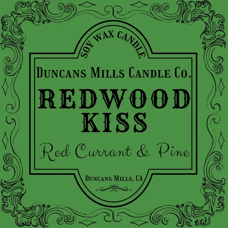 Redwood Kiss soy wax candle with red currant and pine in tin vessel by Duncans Mills Candle Co.