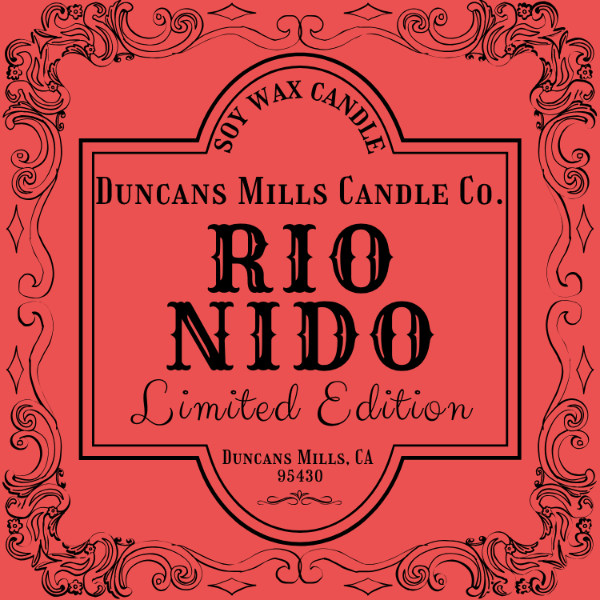 Rio Nido limited-edition soy candle by Duncans Mills Candle Co., named for the Russian River village known for its 1920s Tudor lodge and big-band era.