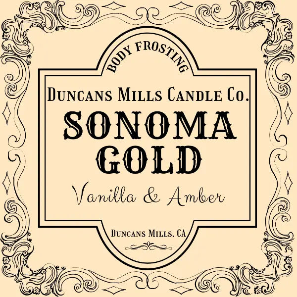 Sonoma Gold whipped body frosting with vanilla and amber in glass jar by Duncans Mills Bath & Body