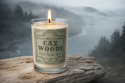 Caz Woods Cafe Glass Candle on Driftwood overlooking the Russian River on a foggy morning.