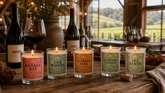 Row of five Signature Cafe Glass candles on a wooden table in a rustic barn in wine country.