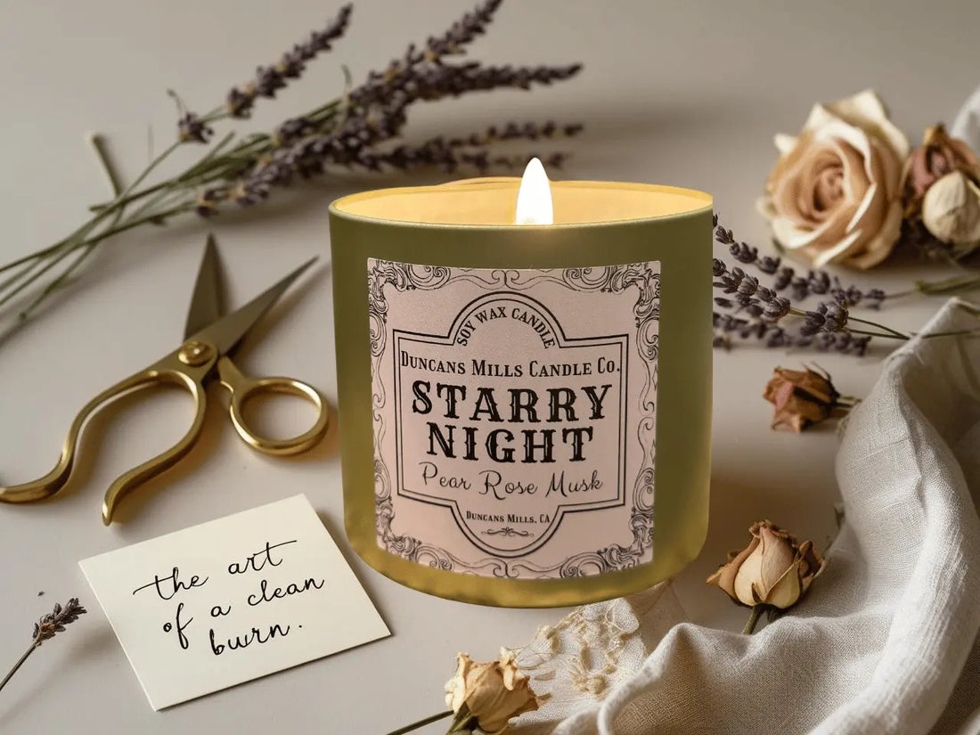 Soy wax candle with clean trimmed wick demonstrating proper non-toxic candle care by Duncans Mills Candle Co.