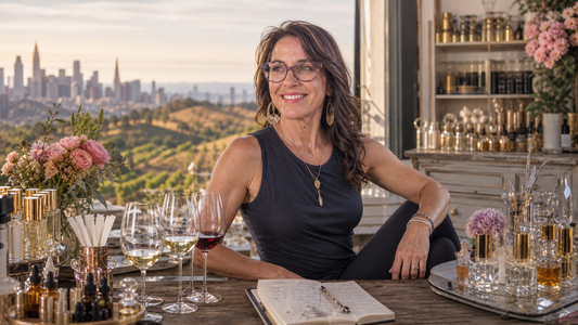 Woman sitting at a fragrance bar with rolling vineyard hills and New York City skyline in the background.