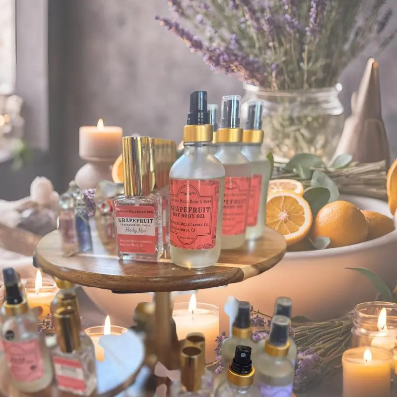 Dry body oil collection in glass bottles by Duncans Mills Bath & Body for layering with signature fragrances