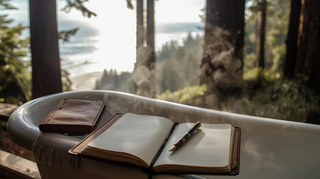 Bath tub with Journal overlooking the ocean and redwoods