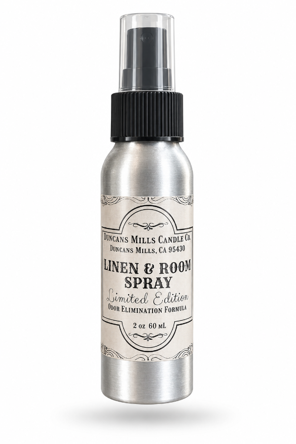 Winter Spice Linen and Room Spray in a 2 oz brushed aluminum bottle, Duncans Mills Candle Co.