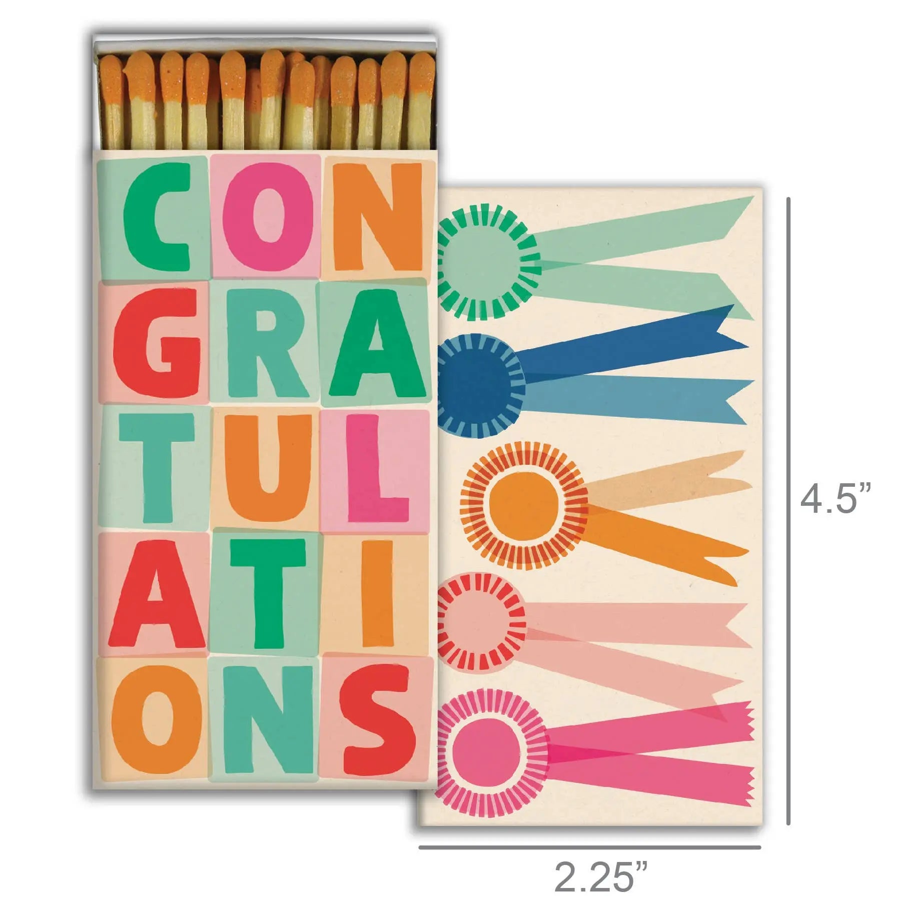 Matches box with 'Congratulations' text and colorful ribbons design