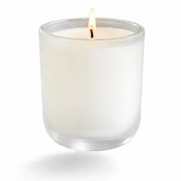 Bespoke Après Fragrance luxury soy candle, lit, in a frosted white glass vessel — ready for your name or logo