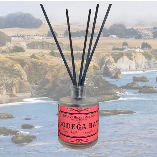 Bodega Bay reed diffuser with sea salt and honeydew notes in glass bottle by Duncans Mills Candle Co.