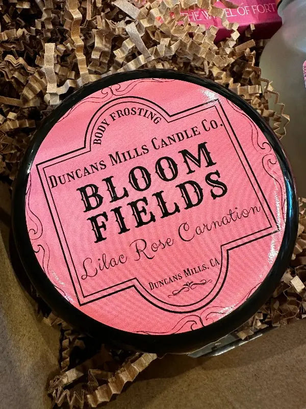 Bloom Fields whipped body lotion with lilac, rose and carnation in glass jar by Duncans Mills Bath & Body