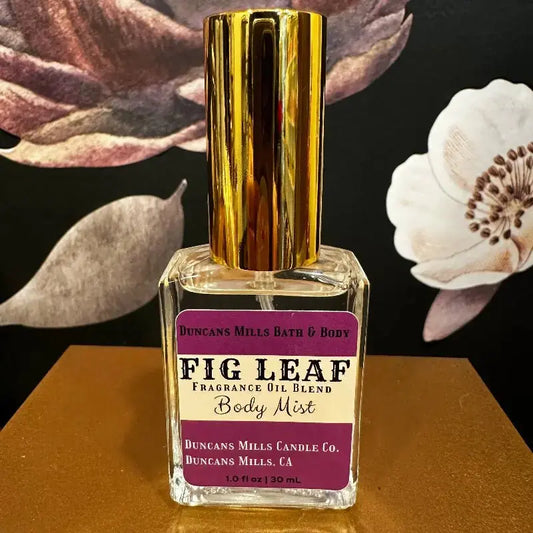 Fig Leaf body mist eau de toilette with green fig notes in glass bottle by Duncans Mills Bath & Body