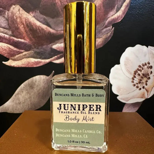 Juniper body mist eau de toilette in clear glass spray bottle by Duncans Mills Bath & Body