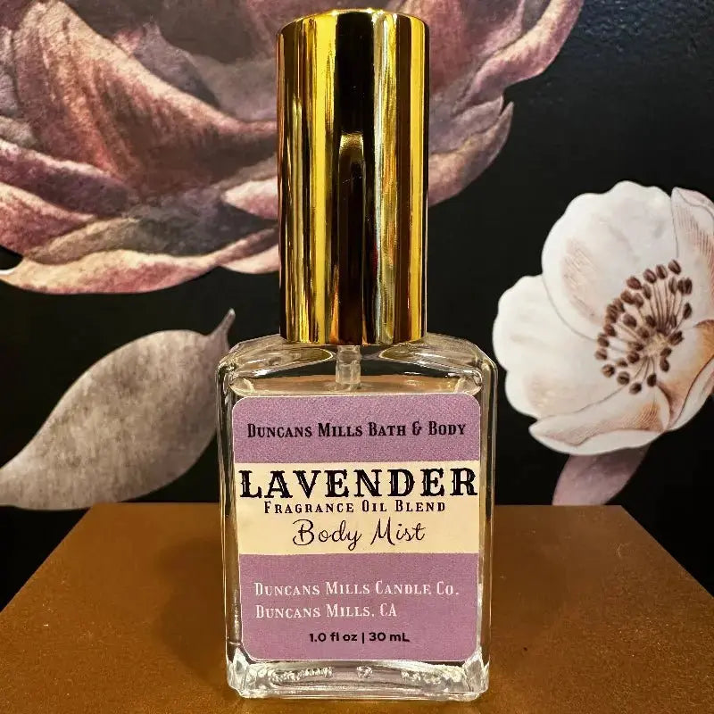 Lavender body mist eau de toilette in clear glass spray bottle by Duncans Mills Bath & Body