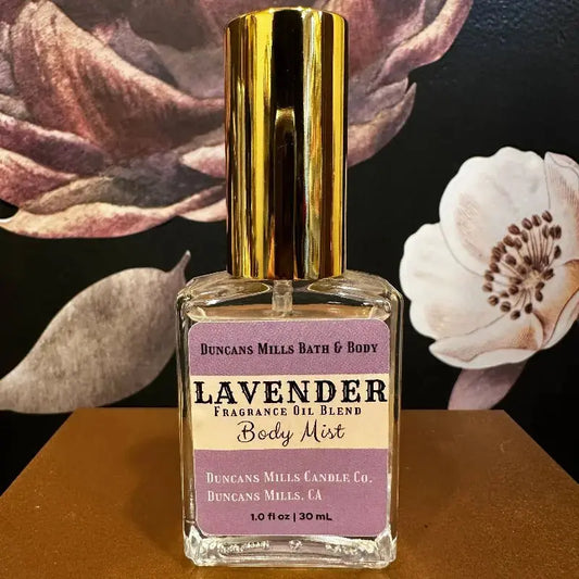 Lavender body mist eau de toilette in clear glass spray bottle by Duncans Mills Bath & Body