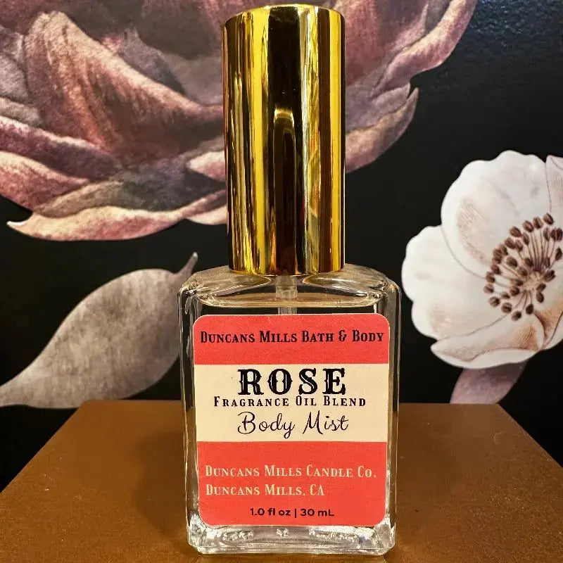 Rose body mist eau de toilette spray bottle with floral rose fragrance by Duncans Mills Bath & Body