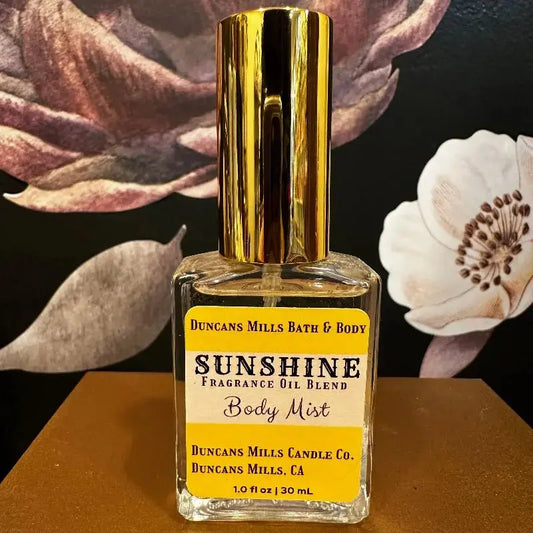 Sunshine body mist eau de toilette with bright citrus notes in glass bottle by Duncans Mills Bath & Body