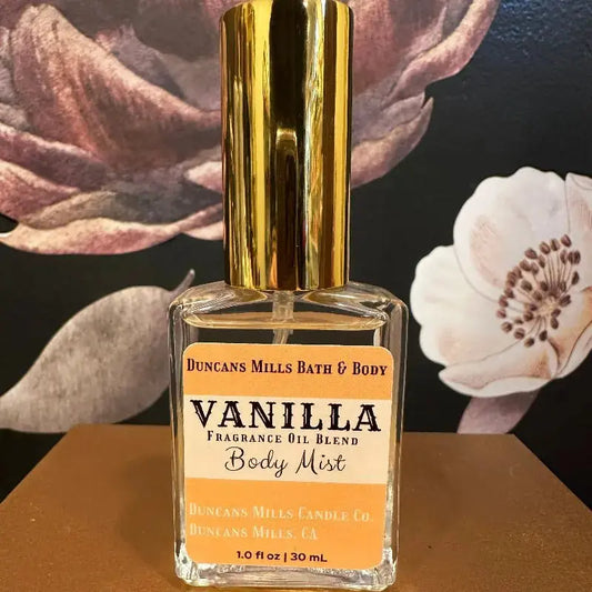 Vanilla body mist eau de toilette with warm vanilla notes in glass bottle by Duncans Mills Bath & Body