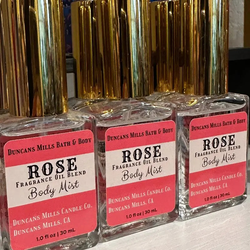 Rose body mist eau de toilette in clear glass spray bottle by Duncans Mills Bath & Body