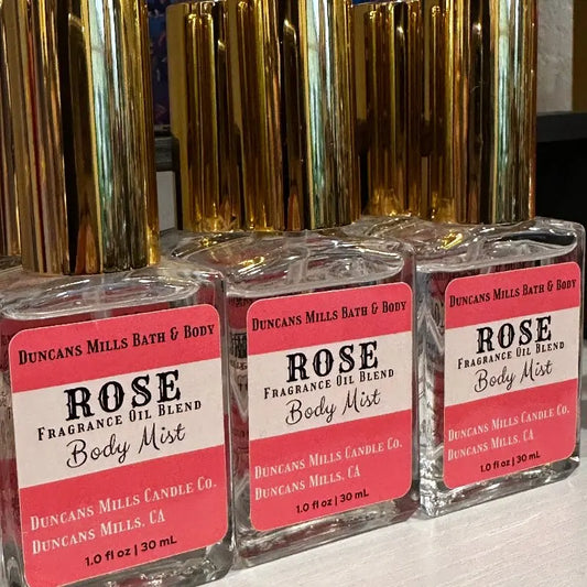 Rose body mist eau de toilette in clear glass spray bottle by Duncans Mills Bath & Body