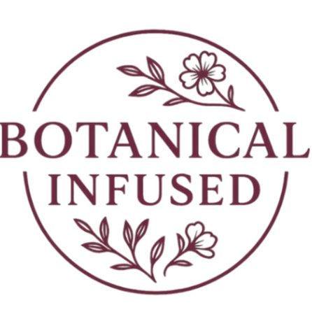Logo with 'Botanical Infused' text and floral designs on a white background