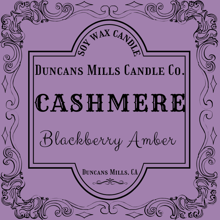 Elegant purple label image: Soy Wax Candle, Duncans Mills Candle Co., Cashmere, Blackberry Amber, Duncans Mills, CA