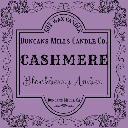 Elegant purple label image: Soy Wax Candle, Duncans Mills Candle Co., Cashmere, Blackberry Amber, Duncans Mills, CA