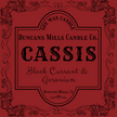 Elegant deep-red label image: Soy Wax Candle, Duncans Mills Candle Co., Cassis, Black Currant & Geranium, Duncans Mills, CA