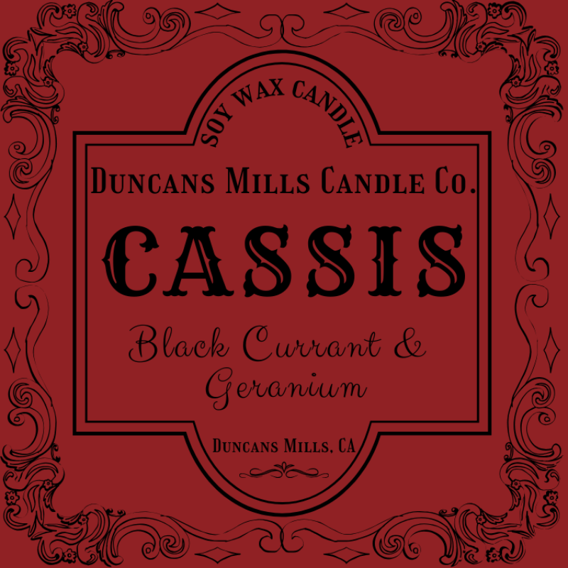 Elegant deep-red label image: Soy Wax Candle, Duncans Mills Candle Co., Cassis, Black Currant & Geranium, Duncans Mills, CA