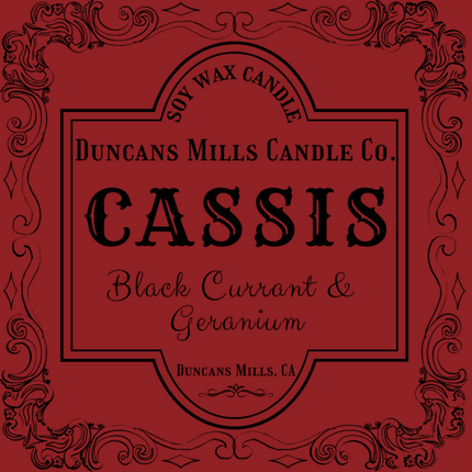 Elegant deep-red label image: Soy Wax Candle, Duncans Mills Candle Co., Cassis, Black Currant & Geranium, Duncans Mills, CA