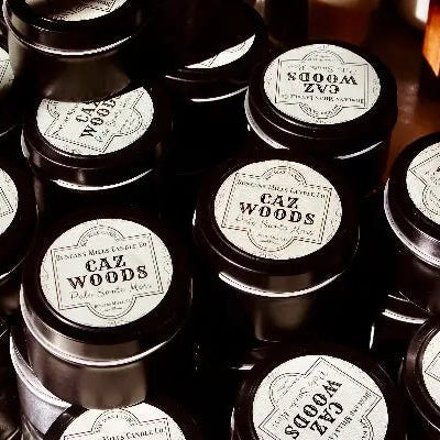 Caz Woods soy wax candle with palo santo and moss notes in tin vessel by Duncans Mills Candle Co.