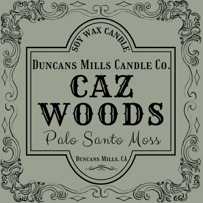 Caz Woods soy wax candle with palo santo and moss in gold tin by Duncans Mills Candle Co.