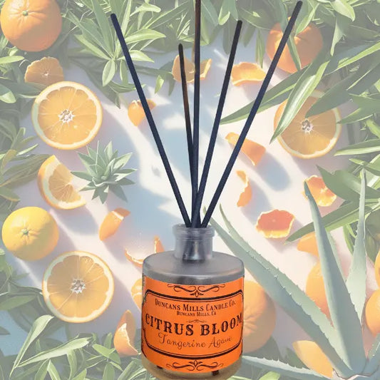 Citrus Bloom reed diffuser with tangerine and agave notes in glass bottle by Duncans Mills Candle Co.