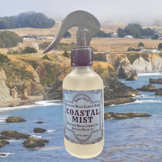 Coastal Mist linen and room spray with marine lavender notes in glass bottle by Duncans Mills Candle Co.
