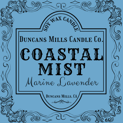Elegant baby-blue label image: Soy Wax Candle, Duncans Mills Candle Co., Coastal Mist, Marine Lavender, Duncans Mills, CA
