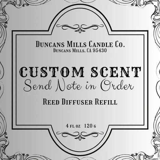 Custom scent reed diffuser refill bottle by Duncans Mills Candle Co. for personalized fragrances