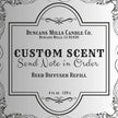 Label for Duncans Mills Candle Co. custom scent reed diffuser refill with decorative border.