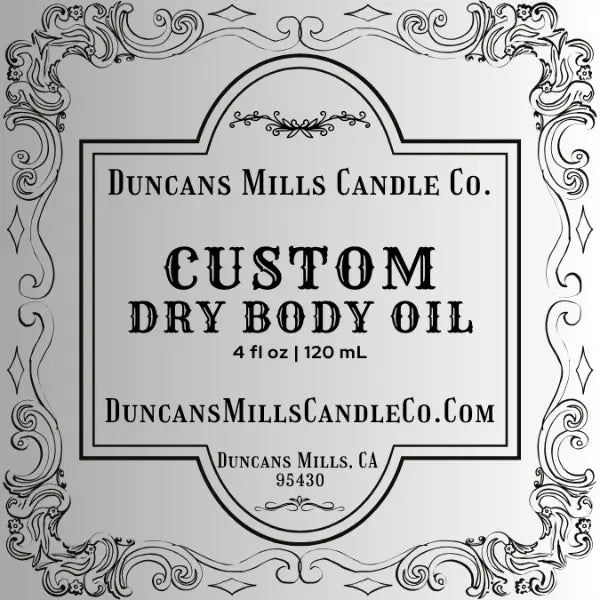 Custom dry body oil label by Duncans Mills Bath & Body for personalized fragrance blends
