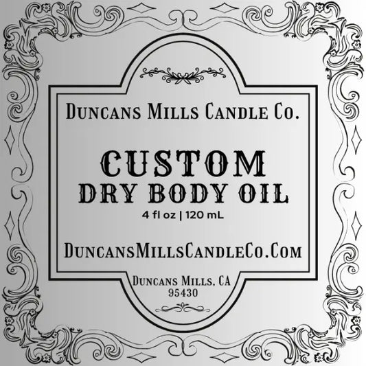 Custom dry body oil label by Duncans Mills Bath & Body for personalized fragrance blends