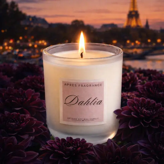 Dahlia candle in glass jar styled with Eiffel Tower backdrop by Après Fragrance