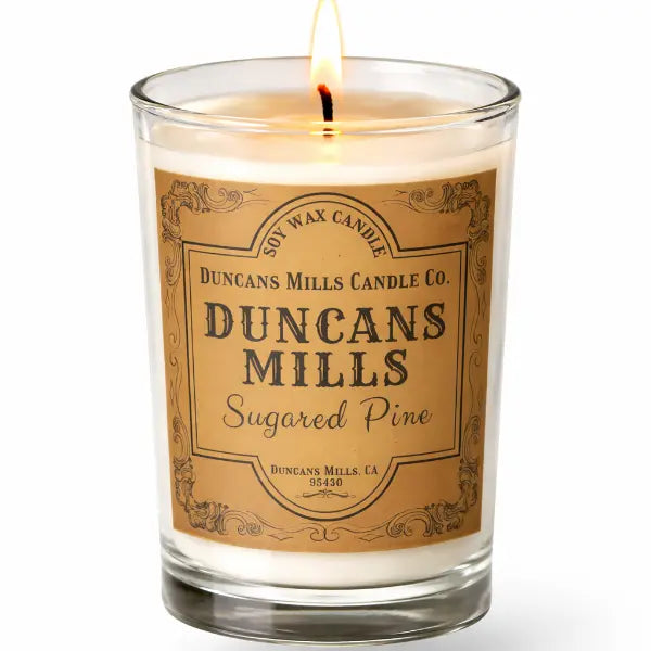Cafe Glass Candle with a 'Duncans Mills' label on a white background