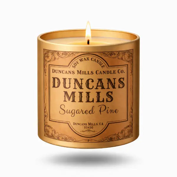 Duncans Mills signature soy wax candle in infinity tin with sugared pine fragrance by Duncans Mills Candle Co.