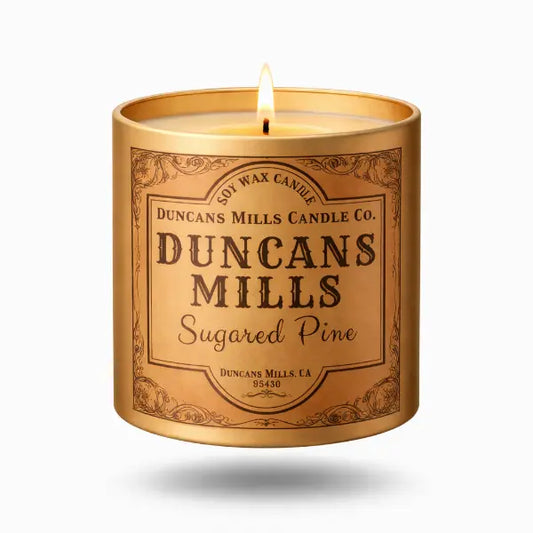 Duncans Mills signature soy wax candle in infinity tin with sugared pine fragrance by Duncans Mills Candle Co.