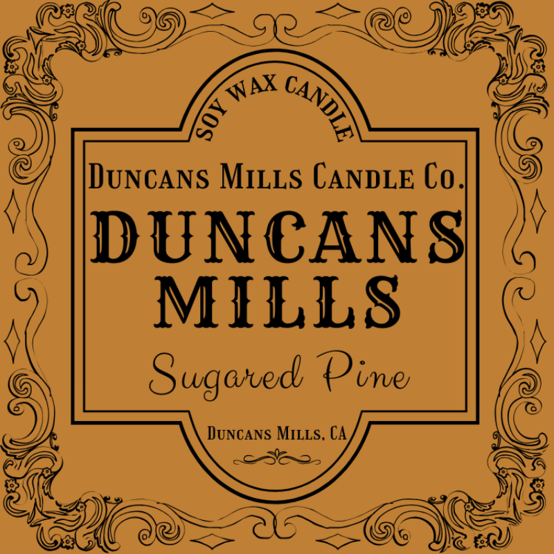 Elegant dark-mustard-colored label image: Soy Wax Candle, Duncans Mills Candle Co., Duncans Mills, Sugared Pine, Duncans Mills, CA