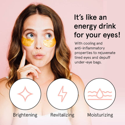 Woman with energy drink for your eyes under eye treatment gels on her face.