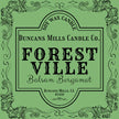 Duncan's Mills Candle Co. Forest Ville Balsam Bergamot candle label on a green background