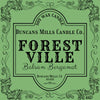 Duncan's Mills Candle Co. Forest Ville Balsam Bergamot candle label on a green background